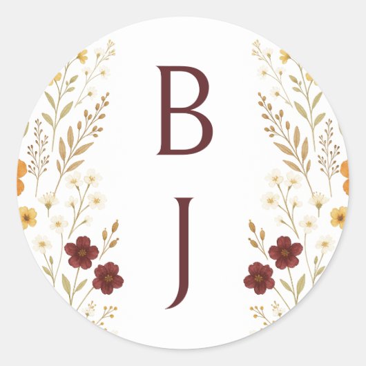 Herbstliche Wildblume Boho Monogram Wedding Runder Aufkleber (Vorderseite)