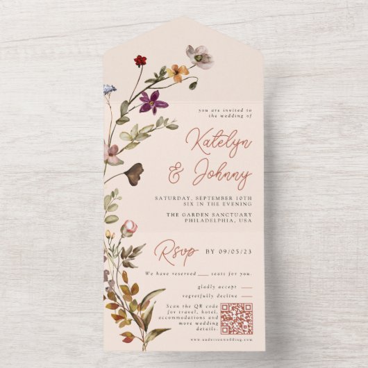 Herbstliche Wildblume Boho Terracotta Hochzeit All In One Einladung (Innen Boden)