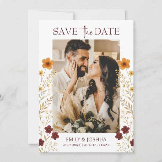 Herbstliche Wildblume Boho Wedding Foto Save The Date (Vorderseite)