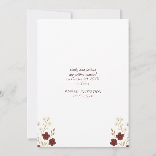 Herbstliche Wildblume Boho Wedding Foto Save The Date (Rückseite)