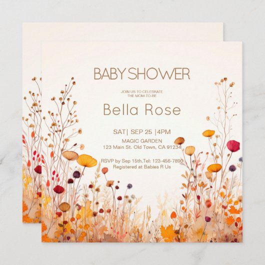 Herbstliche Wildblume Kinderdusche Einladung (Vorne/Hinten)