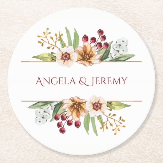 Herbstliche Wildblume Wasserfarbenhochzeit Rot Runder Pappuntersetzer (Vorderseite)