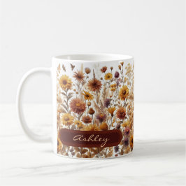 Herbstliche Wildblumen Blätter Braunes Orangefarbe Kaffeetasse