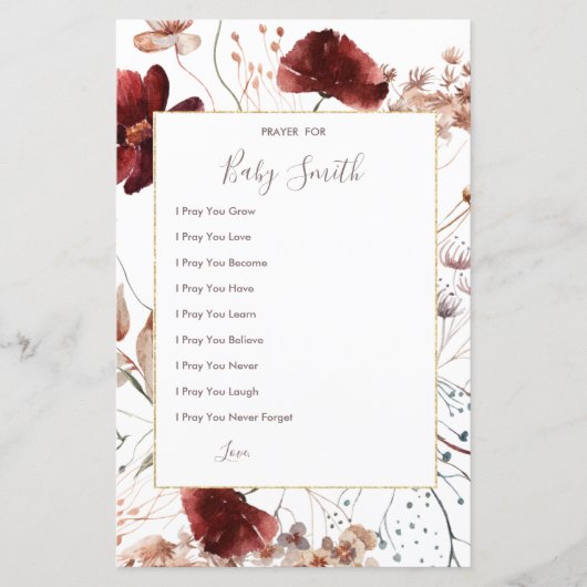Herbstliche Wildblumen Gebete für Baby-Zeichen (Vorderseite)