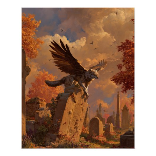 Herbstlicher Greif, der über Ruinen schwebt, Fanta Poster (Vorderseite)
