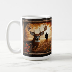 Herbstlicher Hirsch und Jägersilhouette im Wald Kaffeetasse