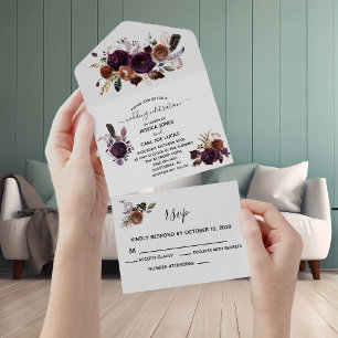 Herbstlicher Pflaumenlila Boho-Elegant Aquarell All In One Einladung
