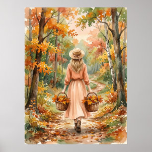 Herbstlicher Waldspaziergang Herbst Frau Cottageco Poster