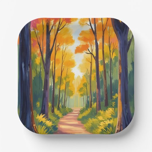 Herbstlicher Waldweg | Aquarell Herbstlaub Pappteller (Vorderseite)