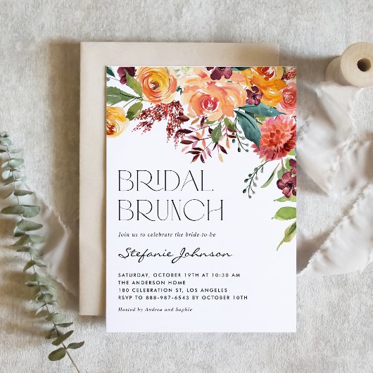 Herbstliches Blumenbouquet QR-Code Braut-Brunch Einladung