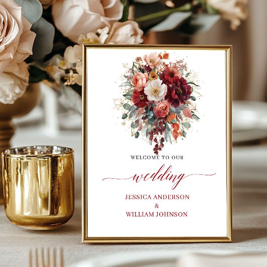 Herbstliches Dunkelrotes Blumen-Tabletop-Hochzeits Poster