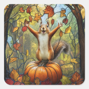 Herbstliches Eichhörnchen auf Kürbis-Buntglas-Kuns Quadratischer Aufkleber