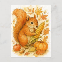 Herbstliches Eichhörnchen mit Mais-Erntedank-Postk