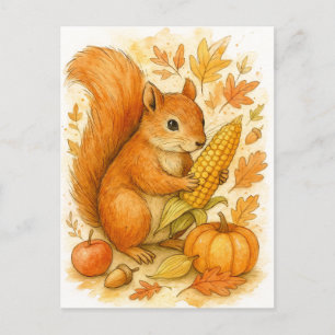 Herbstliches Eichhörnchen mit Mais-Erntedank-Postk Feiertagspostkarte