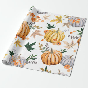 Herbstliches orangefarbenes Kürbis- und Blumenmust Geschenkpapier
