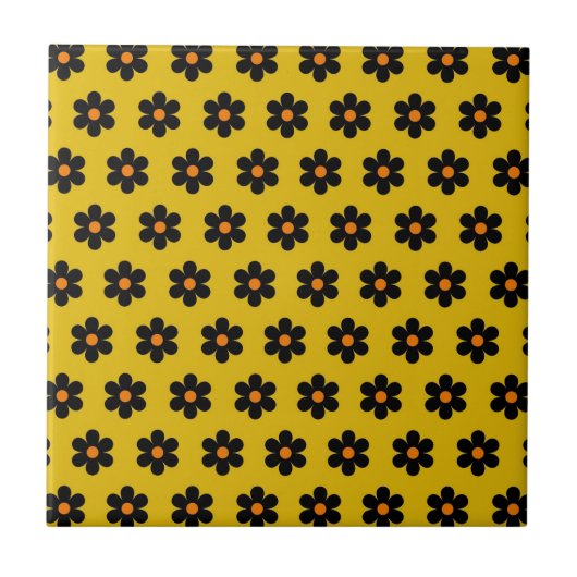 Herbstliches Schwarz-Orangen-Blumenmuster Fliese (Vorderseite)