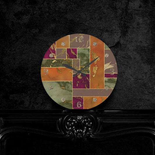 Herbstluxus | Geometrisches Gold Jewel Tone Marmor Runde Wanduhr