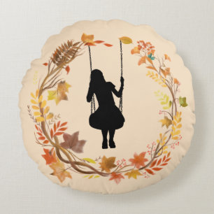 Herbstmädchen auf Schaukel-Grafik _Herbstblatt Rundes Kissen
