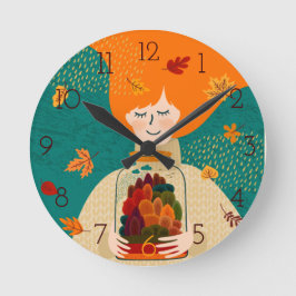 Herbstmädchen mit Baum im Jar Runde Wanduhr