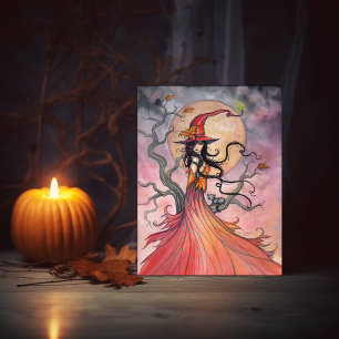 Herbstmagie Hexe und Katze Fantasy Halloween Kunst Feiertagspostkarte