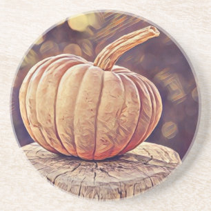 Herbstmalerei eines Kürbiss auf einem Holzlog Getränkeuntersetzer