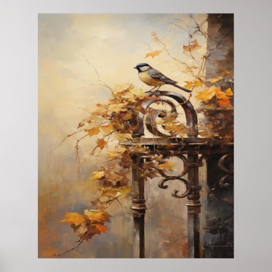 Herbstmalerei eines Vogels auf einem Zaun Poster (Vorne)
