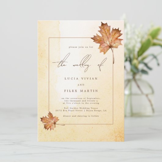 Herbstmapelleaf Wasserfarbe Foto QR-Code Hochzeit Einladung (Stehend Vorderseite)