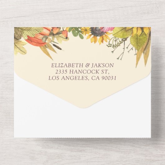 Herbstmaple Blätter Pumpkin Sonnenblumen Hochzeit All In One Einladung (Rückseite)