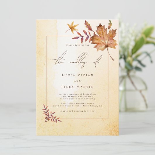 Herbstmaple Leaf Wasserfarbenhochzeit Einladung (Stehend Vorderseite)