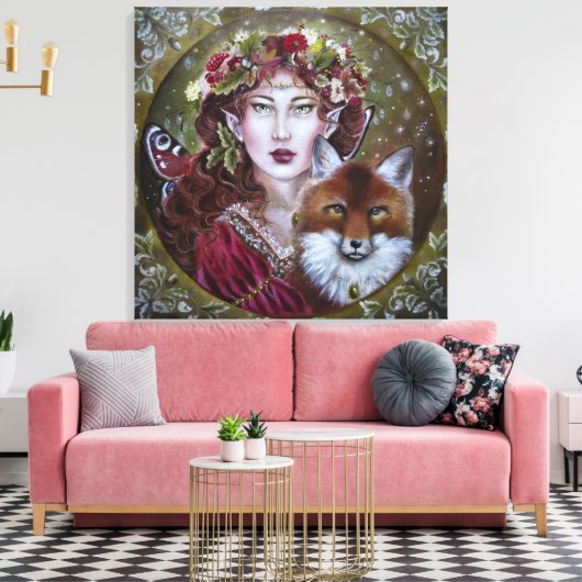 Herbstmärchen mit einem Fuchs-Leinwand-Druck Leinwanddruck (Insitu (Wohnzimmer))