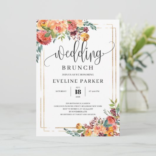 Herbstmarigold Orange Blume Hochzeitsbrunch einlad Einladung (Stehend Vorderseite)