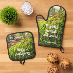 Herbstmoos in goldener Sonne - Personalisiert Ofenhandschuh & Topflappen-Set