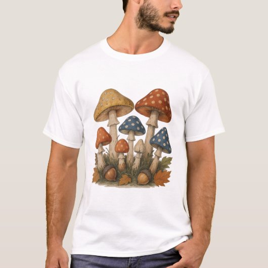 Herbstmushroom-Design mit Akronen und Blätter T-Shirt (Vorderseite)