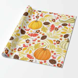 Herbstnahtloser Hintergrund mit Kürbis, Eicheln, Geschenkpapier