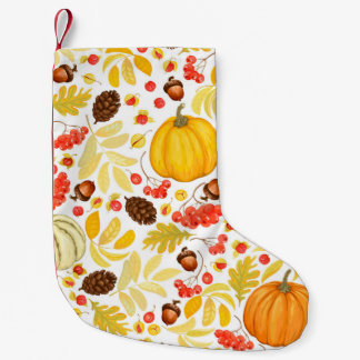 Herbstnahtloser Hintergrund mit Kürbis, Eicheln, Kleiner Weihnachtsstrumpf