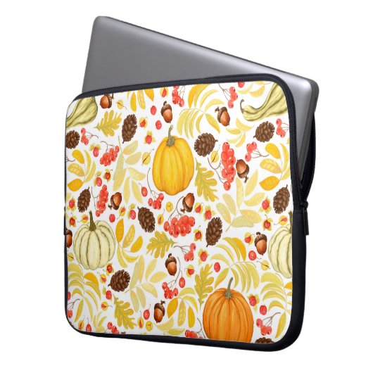 Herbstnahtloser Hintergrund mit Kürbis, Eicheln,  Laptopschutzhülle (Vorderseite Links)