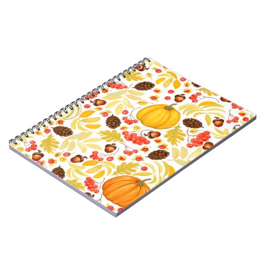 Herbstnahtloser Hintergrund mit Kürbis, Eicheln,  Notizblock (Linke Seite)