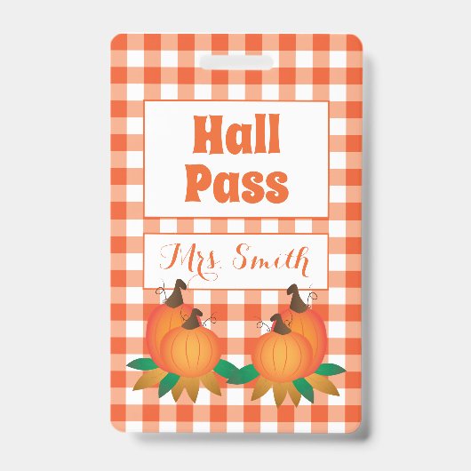 Herbstorange-Hall-Pass mit Namen Ausweis (Vorderseite)