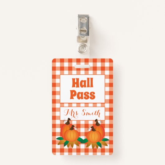 Herbstorange-Hall-Pass mit Namen Ausweis (Vorderseite mit Klammer)