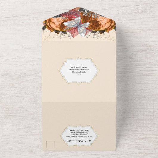 Herbstorange Schmetterling Schimmer Glitzer Rose All In One Einladung (Außenbereich)