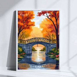 Herbstparkbrücke | Wasserfarben Herbstlaub Poster