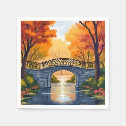 Herbstparkbrücke | Wasserfarben Herbstlaub Serviette (Vorderseite)