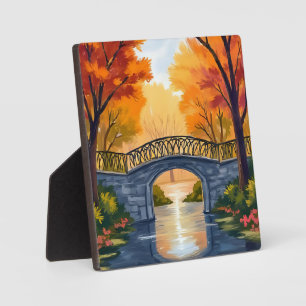 Herbstparkbrücke Wasserfarbenes Herbstlaub Fotoplatte