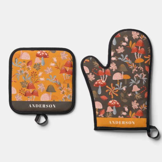 Herbstpilz und botanisches Muster Ofenhandschuh & Topflappen-Set (Vorderseite)