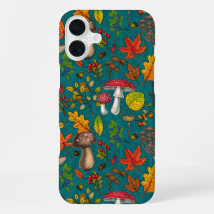 Herbstpilze, Blätter, Nüsse und Beeren auf Blau iPhone 16 Plus Hülle