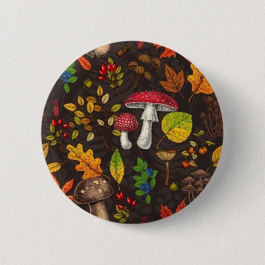 Herbstpilze, Blätter, Nüsse und Beeren im Dunkeln Button (Vorderseite)