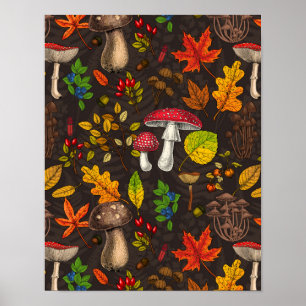 Herbstpilze, Blätter, Nüsse und Beeren im Dunkeln Poster