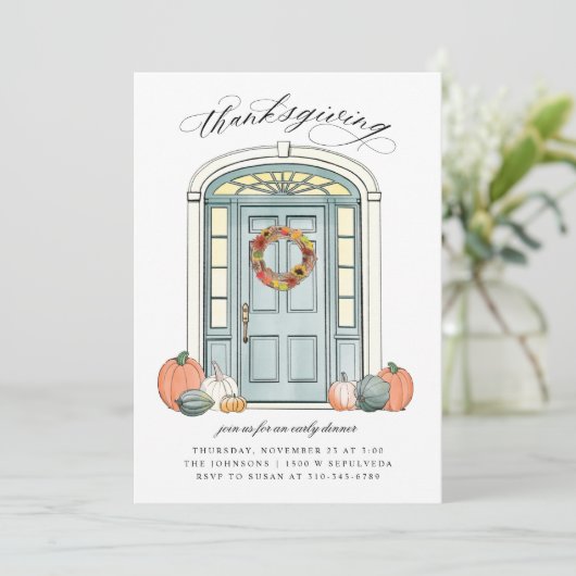 Herbstporke vor der Tür Erntedank Abendessen Einladung (Stehend Vorderseite)