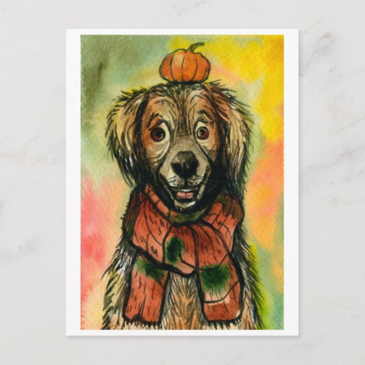 Herbstpostkarte, Hund mit Kürbis, Herbst Postkarte (Vorderseite)