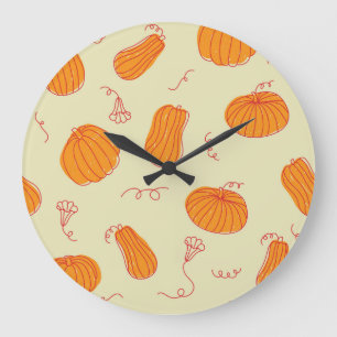 Herbstpumpen: Doodle Orange Muster. Große Wanduhr